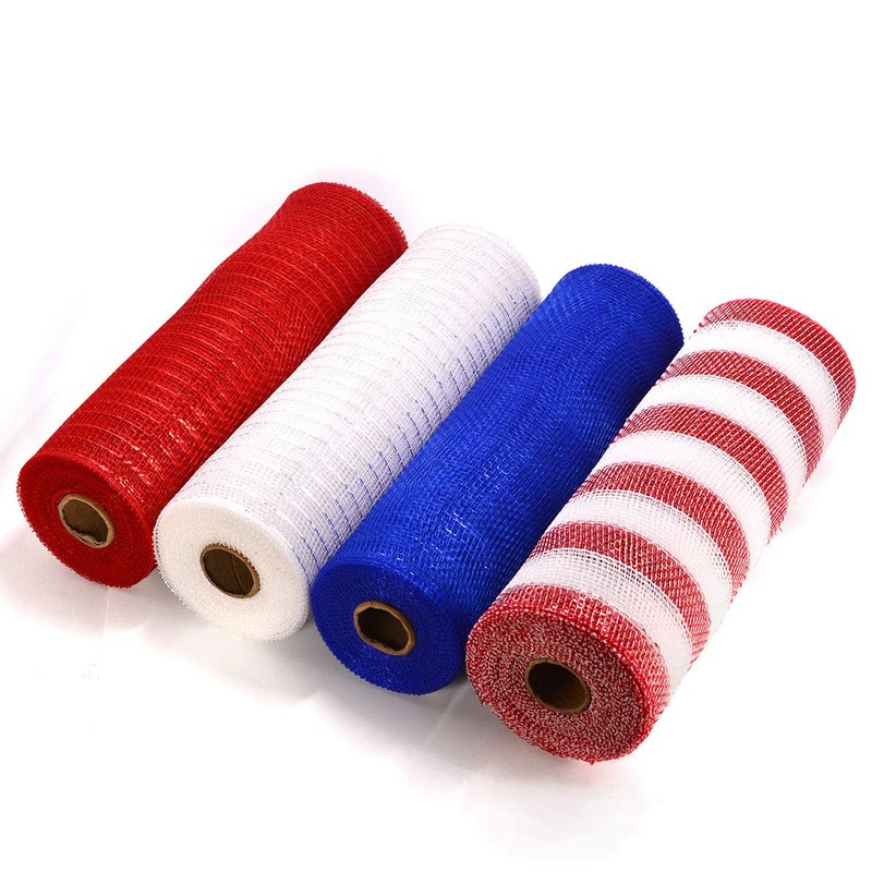 Koopi Deco Mesh 10 inch x 10 Yards Each Roll, Metallic Foil Poly Mesh Ribbon Red, Royal, White Set for Wreaths, Swags, Craft, Party and Decorating Supplies - 4 Rolls - Image 1